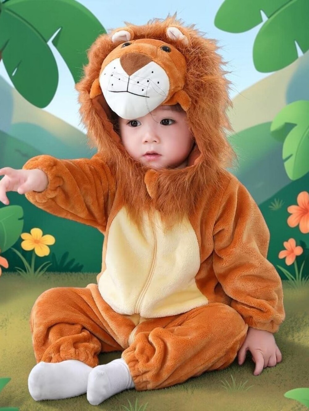 Baby Lion One-Piece Costume - Brown Plush Hooded Romper, 12-18 Mos